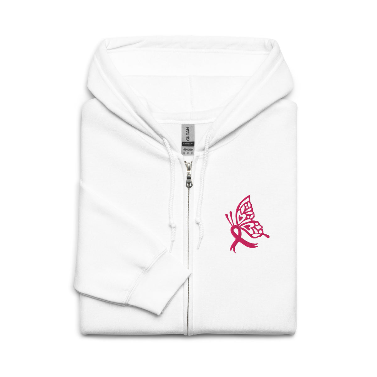 Breast Cancer Awareness Embroidered Zip Hoodie | Pink Butterfly Ribbon | Spinsterly Co - Spinsterly Co