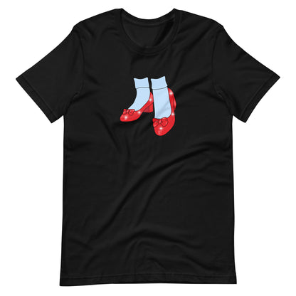 Black Friends of Dorothy t-shirt with a ruby slippers and striped socks illustration on the chest.