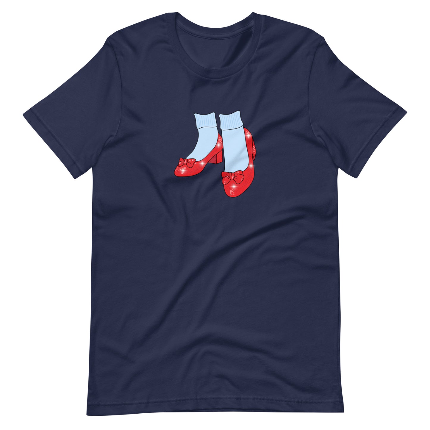 Navy blue Friends of Dorothy t-shirt featuring ruby red slippers with blue-and-white striped socks.