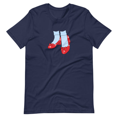 Navy blue Friends of Dorothy t-shirt featuring ruby red slippers with blue-and-white striped socks.