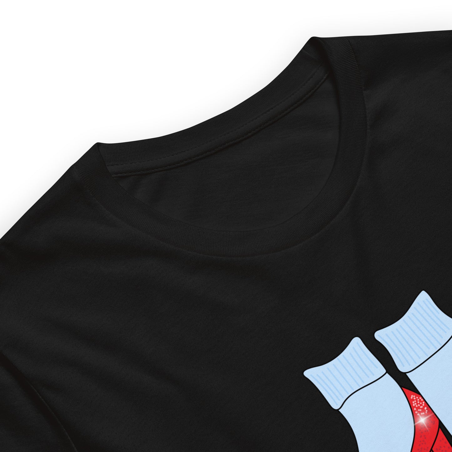 Close-up of the ruby-slipper design on a black Friends of Dorothy t-shirt.