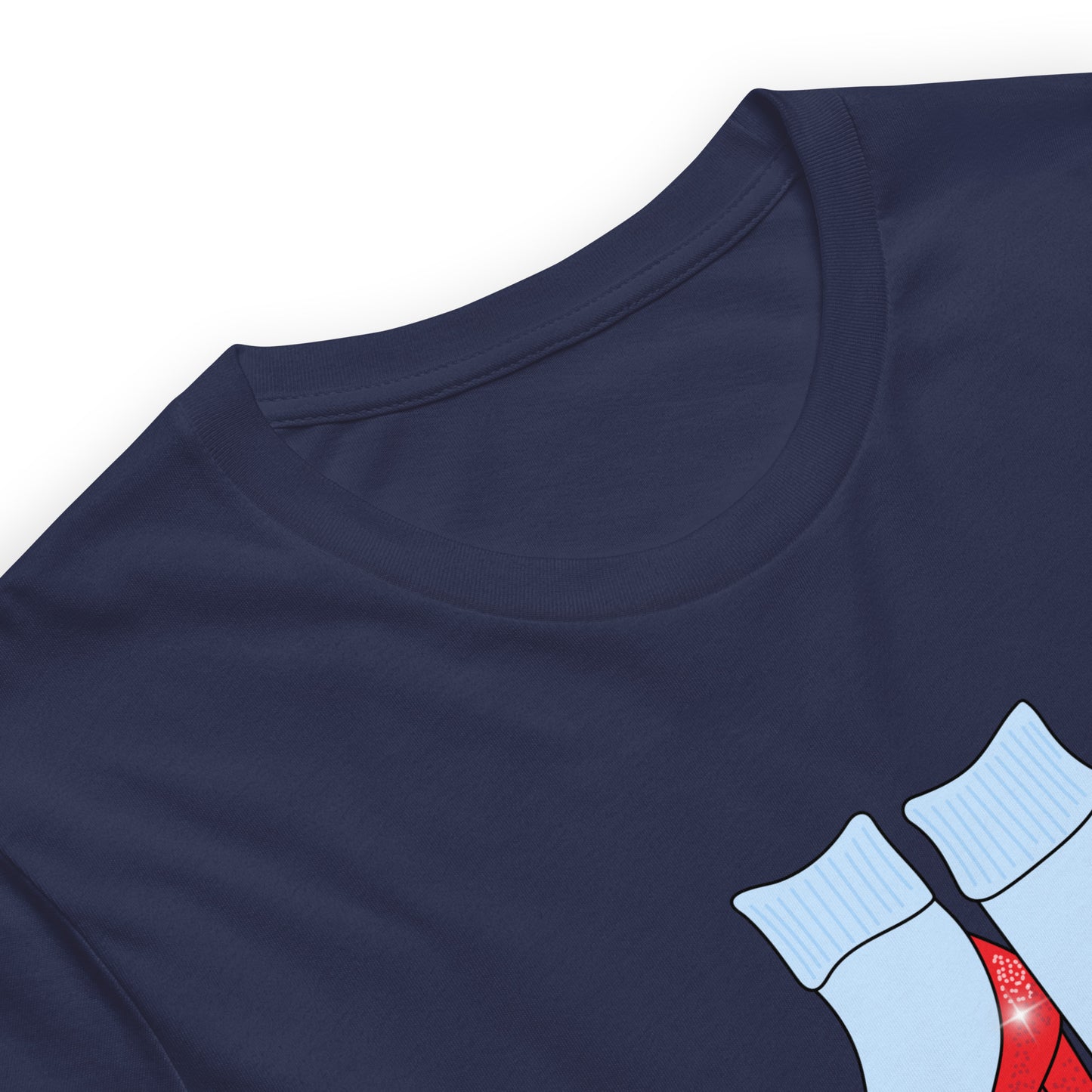 Close-up of the ruby-slipper design on a navy Friends of Dorothy t-shirt.