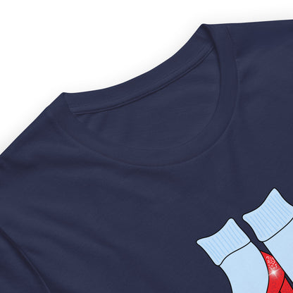 Close-up of the ruby-slipper design on a navy Friends of Dorothy t-shirt.