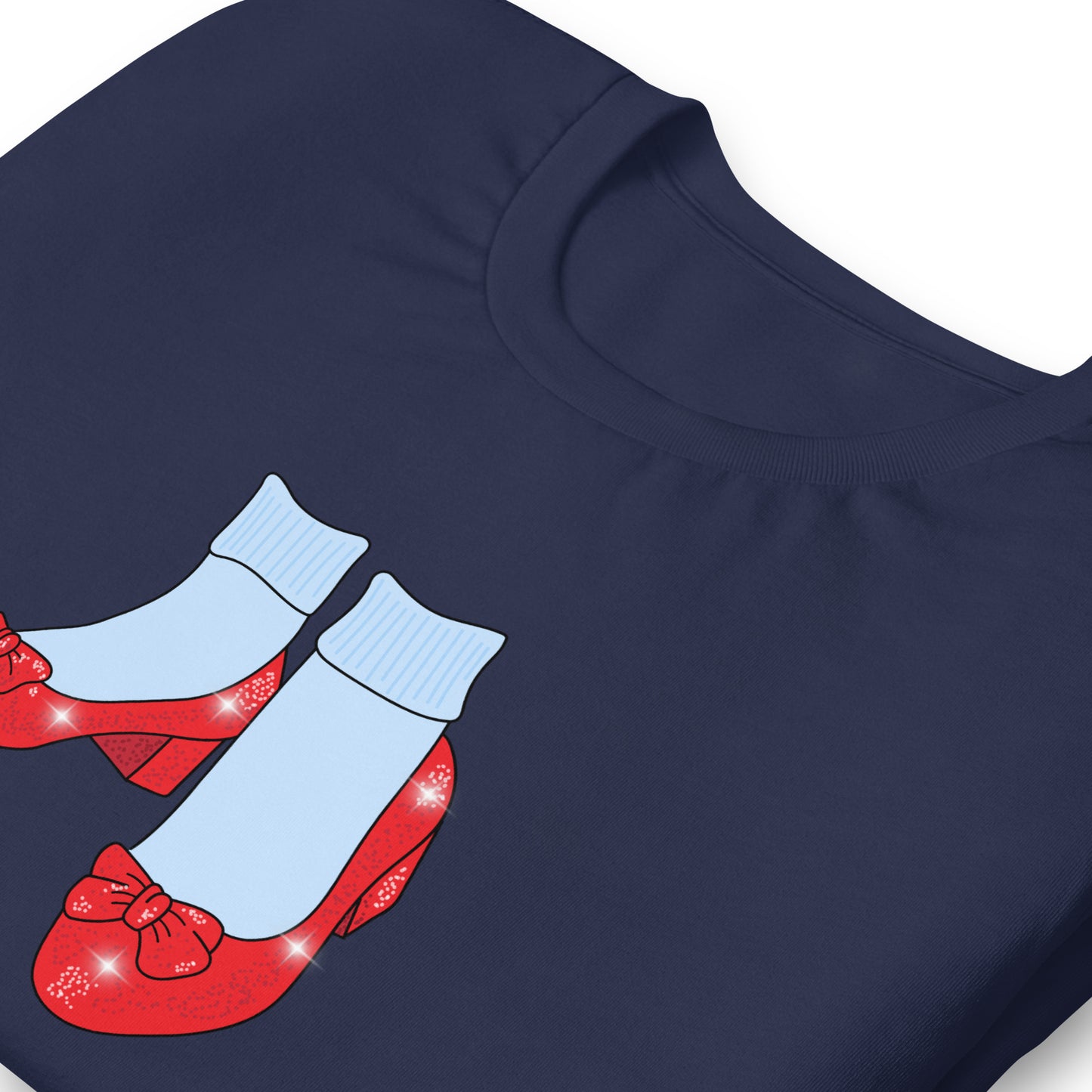 Navy blue Friends of Dorothy t-shirt featuring ruby red slippers with blue-and-white striped socks.