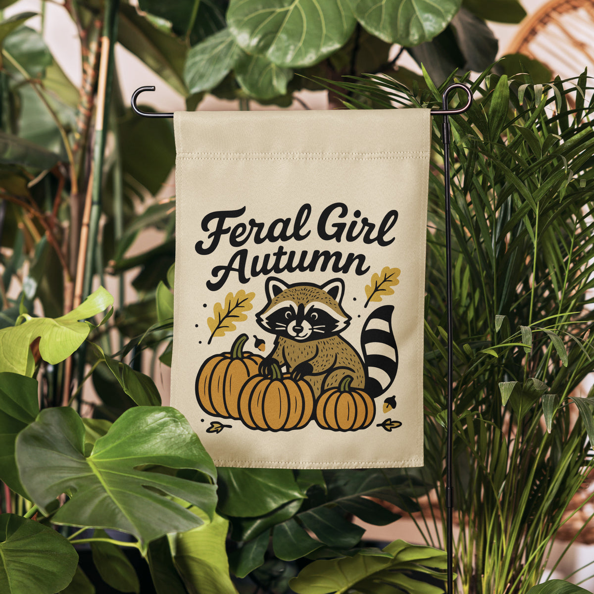 Feral Girl Autumn — Raccoon & Pumpkins Garden Flag | Double-Sided Fall Outdoor Decor - Spinsterly Co