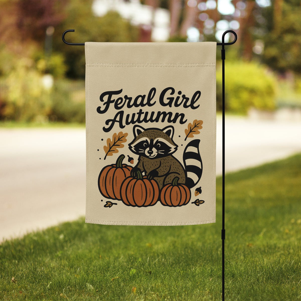 Feral Girl Autumn — Raccoon & Pumpkins Garden Flag | Double-Sided Fall Outdoor Decor - Spinsterly Co