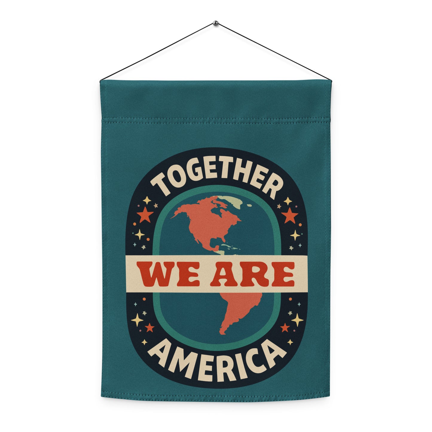 Together We Are America Garden Flag Pro-Immigrant Unity Yard Sign by Spinsterly Co in teal with retro globe badge
