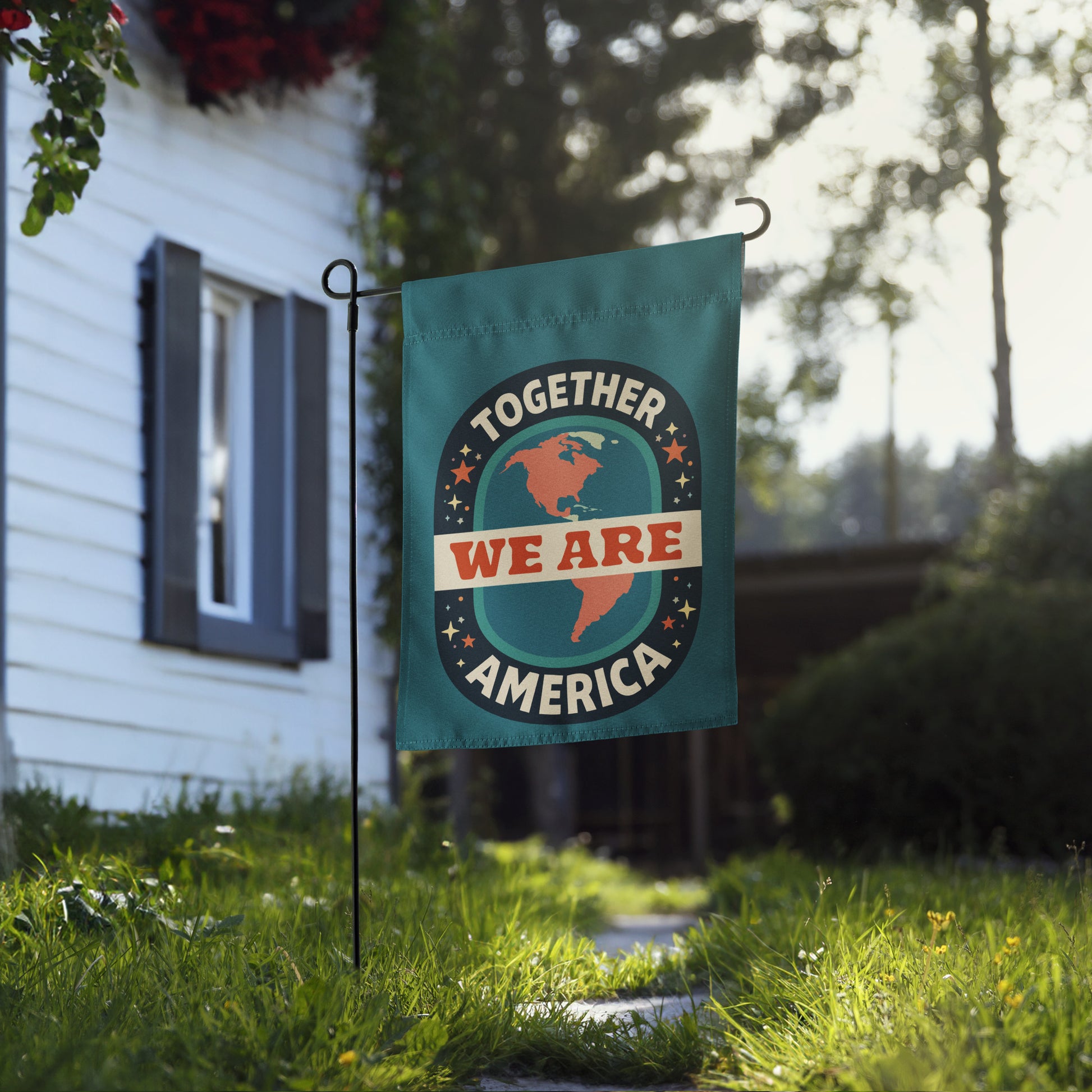 Together We Are America Garden Flag Pro-Immigrant Unity Yard Sign by Spinsterly Co in teal with retro globe badge