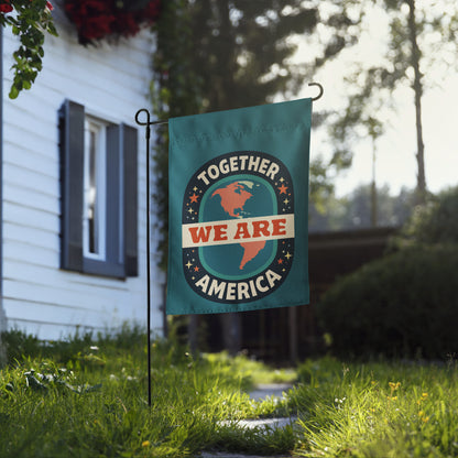 Together We Are America Garden Flag Pro-Immigrant Unity Yard Sign by Spinsterly Co in teal with retro globe badge