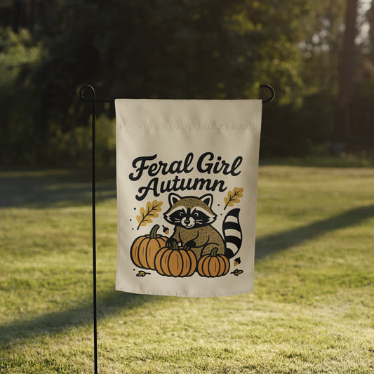 Feral Girl Autumn — Raccoon & Pumpkins Garden Flag | Double-Sided Fall Outdoor Decor - Spinsterly Co