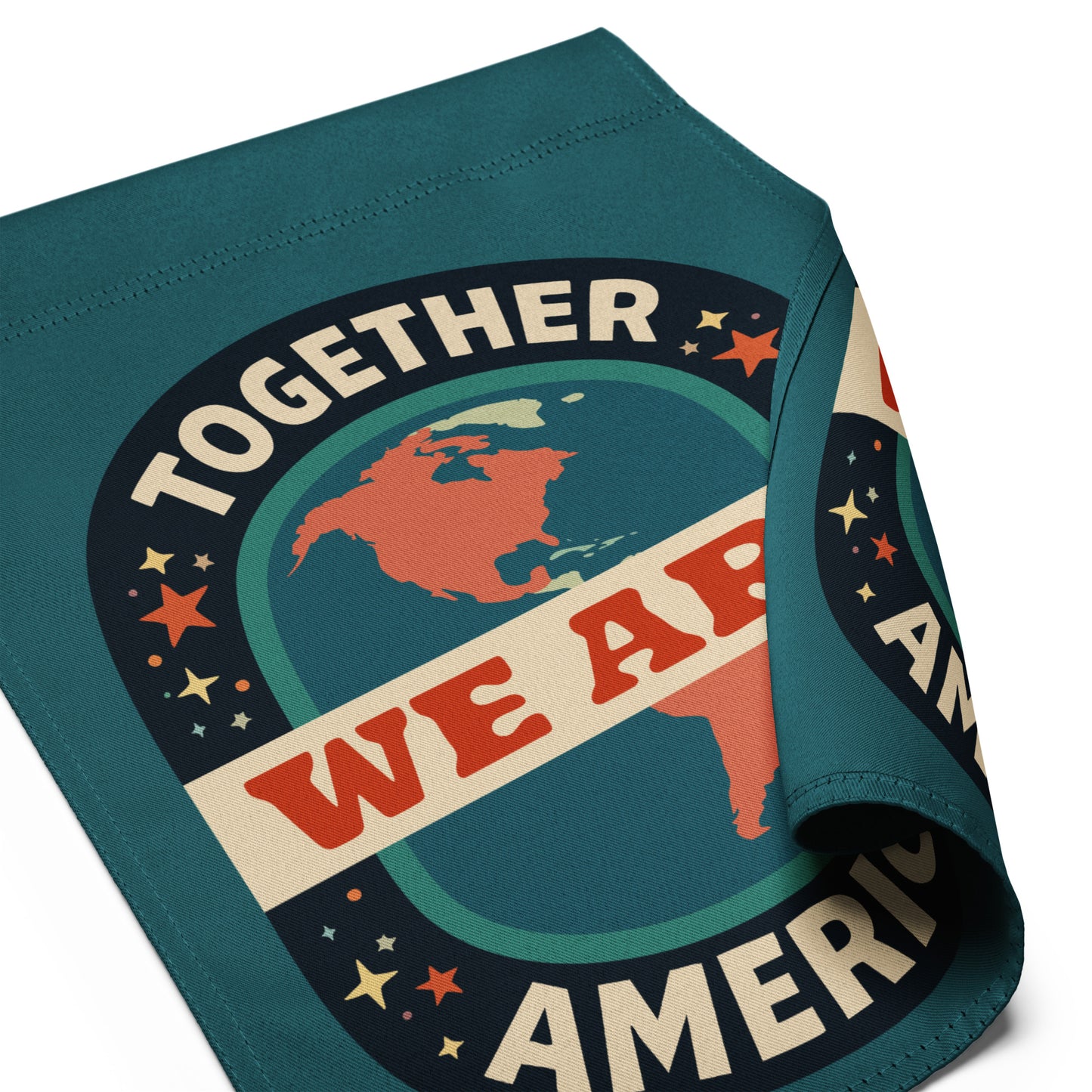Together We Are America Garden Flag Pro-Immigrant Unity Yard Sign by Spinsterly Co teal with retro globe badge design