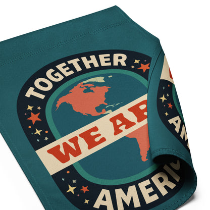 Together We Are America Garden Flag Pro-Immigrant Unity Yard Sign by Spinsterly Co teal with retro globe badge design