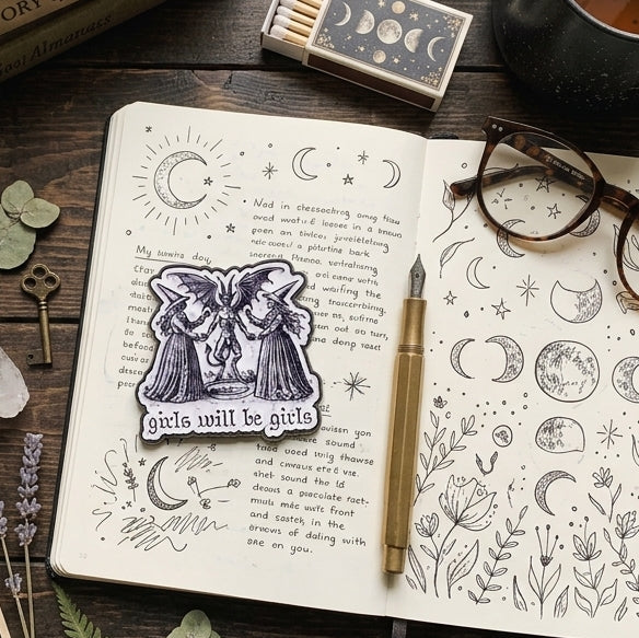 An open journal with moon and star illustrations lies on a wooden table, featuring a central enamel pin of two witches with the text 'girls will be girls'. The scene is styled with a tarot card, amethyst crystals, a matchbox, glasses, a cup of tea, a pen, and other mystical accessories.