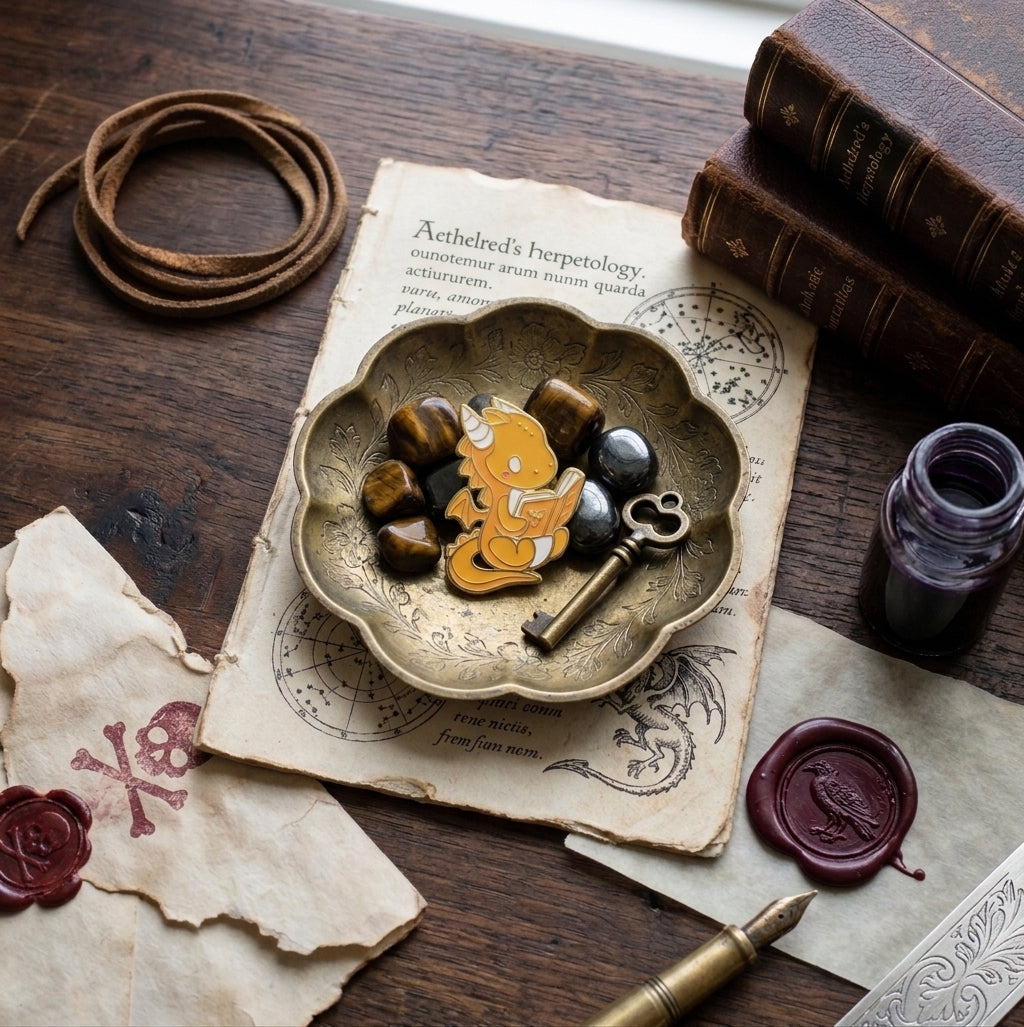 A decorative metal dish holding a small orange gold dragon enamel pin, brown beads, and a vintage key, styled on an old book over a dark wooden tabletop with leather cord, books, ink bottle, wax seal, and parchment.