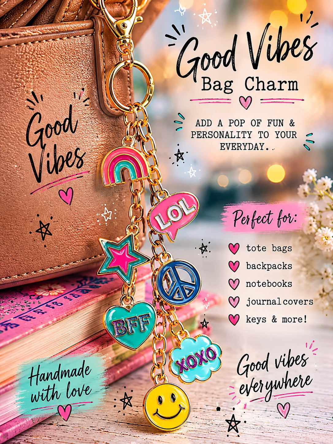 Good Vibes Bag Charm | Y2K Enamel Charm Keychain | Back to School Accessory - Spinsterly Co