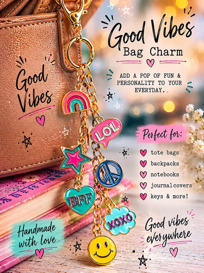 Good Vibes Bag Charm | Y2K Enamel Charm Keychain | Back to School Accessory - Spinsterly Co