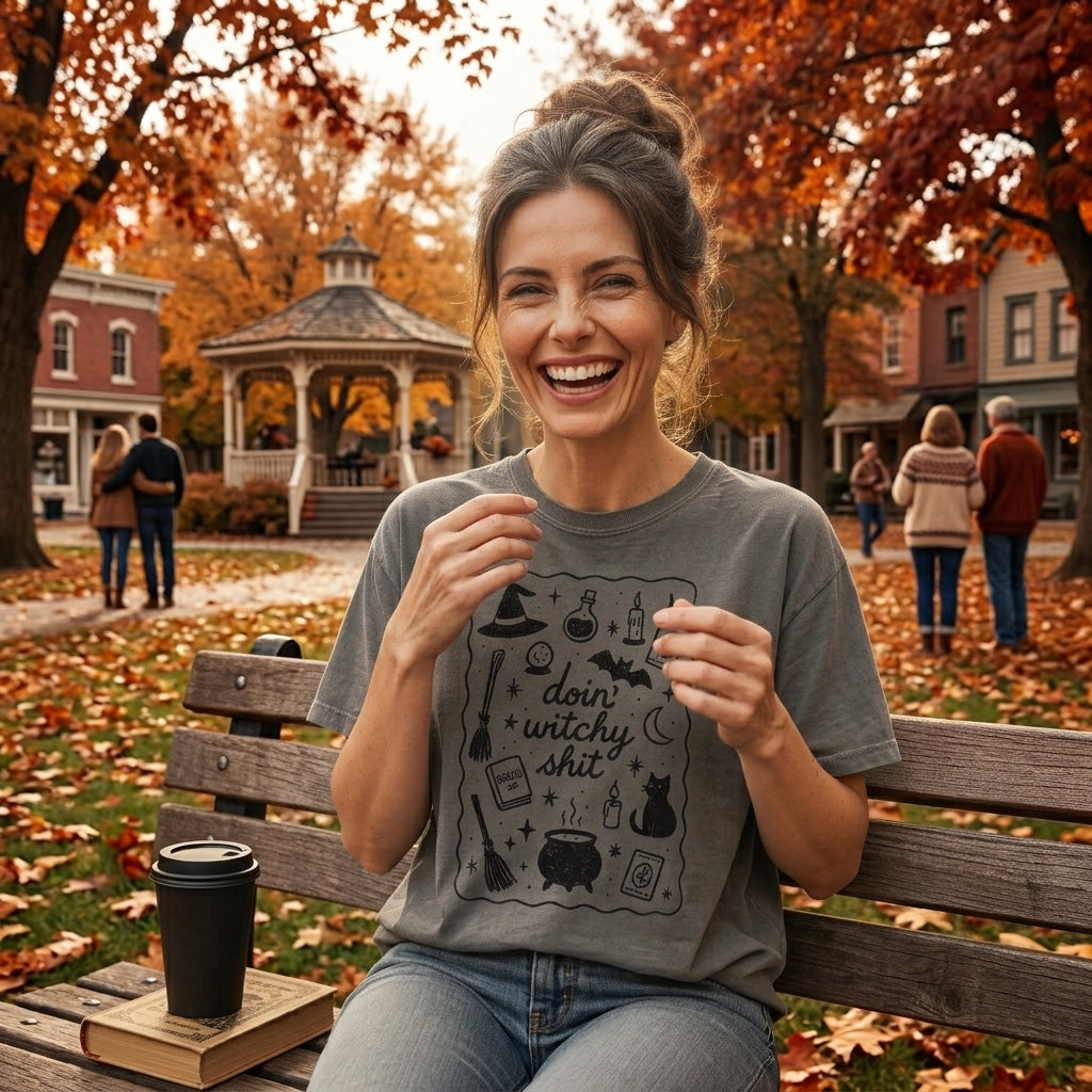A woman sitting on a wooden park bench wearing a gray graphic t-shirt with a black witch-themed print that reads 'doin' witchy shit'. The background is an autumn park with orange leaves, a gazebo, and other people in the distance.