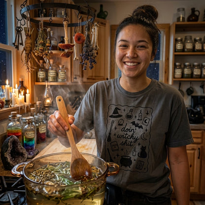 A woman smiling in a rustic kitchen, wearing a gray graphic t-shirt with a black witch-themed print that reads 'doin' witch shit'. She is holding a wooden spoon over a large glass pot filled with herbs and spices.
