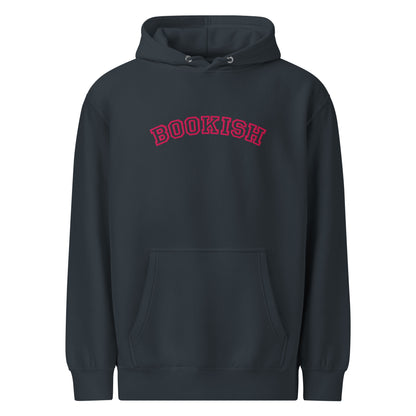 A navy blue hooded hoodie with a pink text graphic reading 'BOOKISH' across the chest, displayed on a solid white background.
