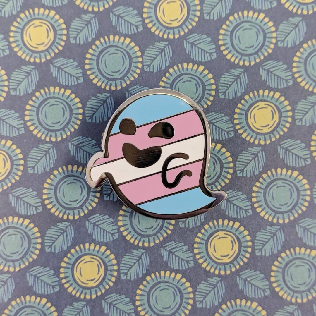 Gaysper Friends Hard Enamel Pride Pins by Cunning Linguist Co., silver ghost pin with pink and blue enamel