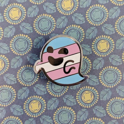 Gaysper Friends Hard Enamel Pride Pins by Cunning Linguist Co., silver ghost pin with pink and blue enamel