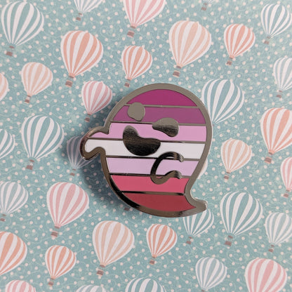 Gaysper Friends Hard Enamel Pride Pins by Cunning Linguist Co, silver ghost pin with purple and pink stripes
