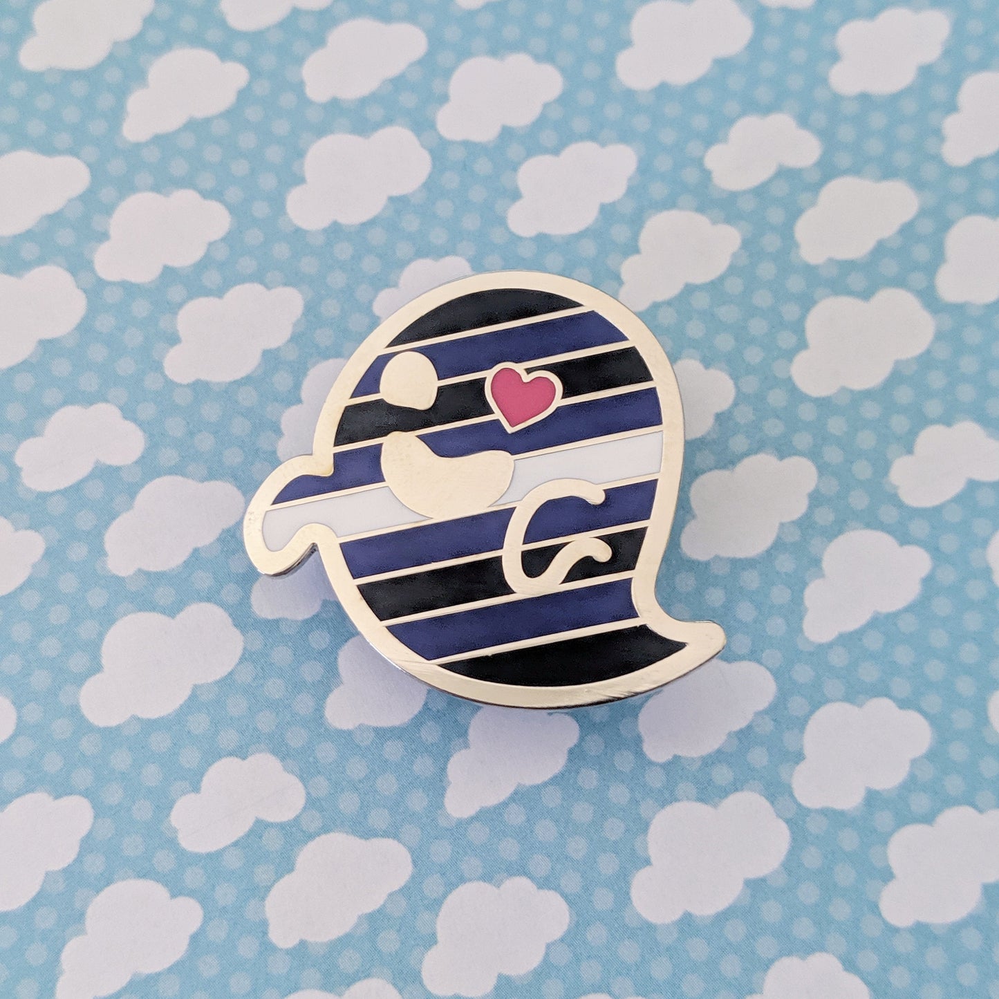Gaysper Friends Hard Enamel Pride Pins by Cunning Linguist Co, silver ghost pin in blue stripes