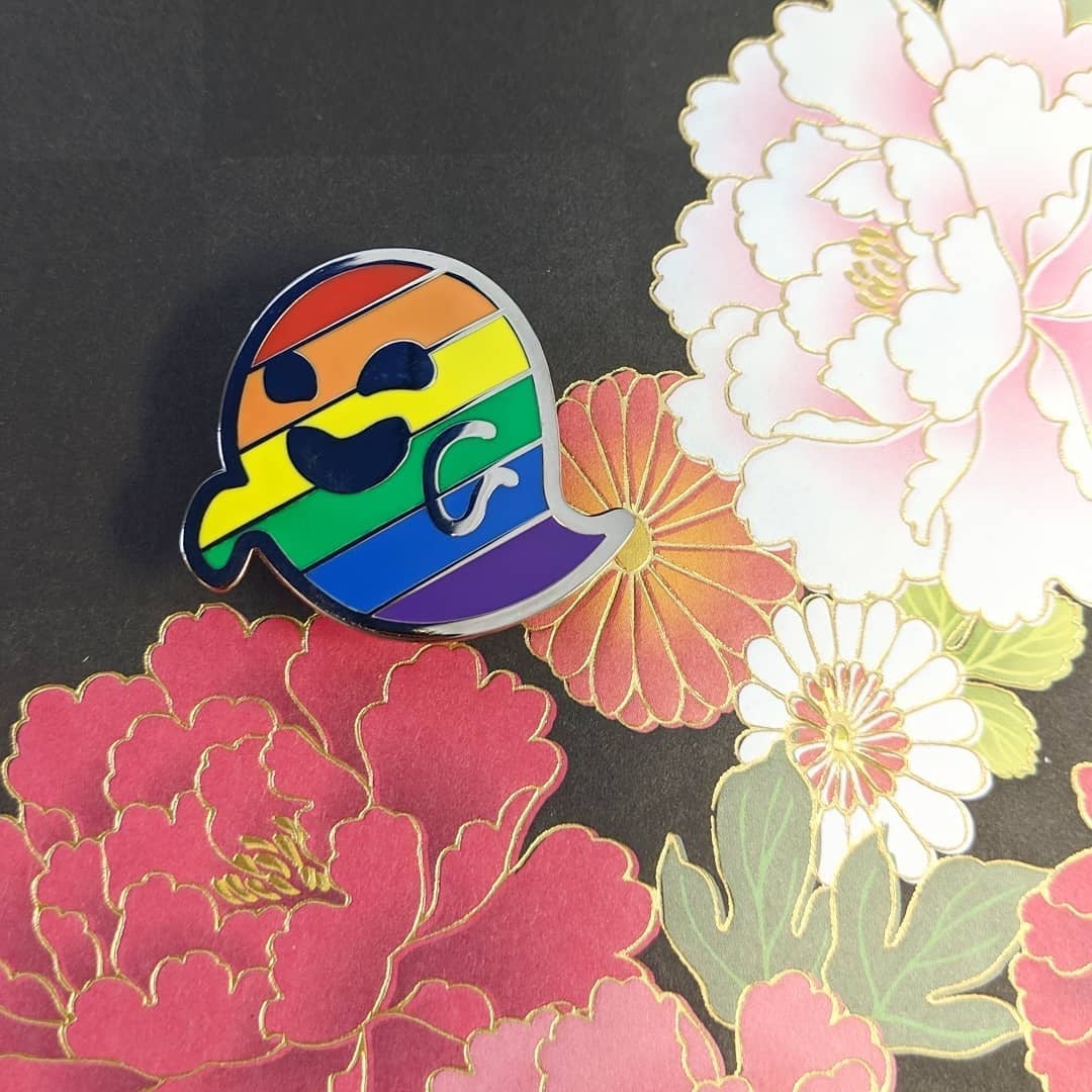 Gaysper Friends Hard Enamel Pride Pins by Cunning Linguist Co, silver ghost character pin with rainbow stripes