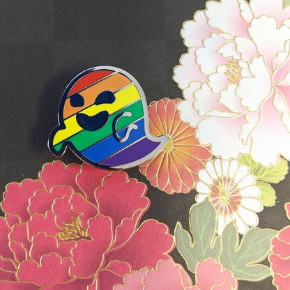 Gaysper Friends Hard Enamel Pride Pins by Cunning Linguist Co, silver ghost character pin with rainbow stripes