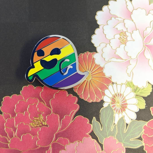 Gaysper Friends Hard Enamel Pride Pins by Cunning Linguist Co, silver ghost character pin with rainbow stripes