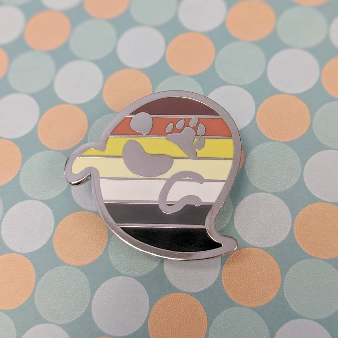Gaysper Friends Hard Enamel Pride Pins by Cunning Linguist Co, silver ghost pin with rainbow stripes