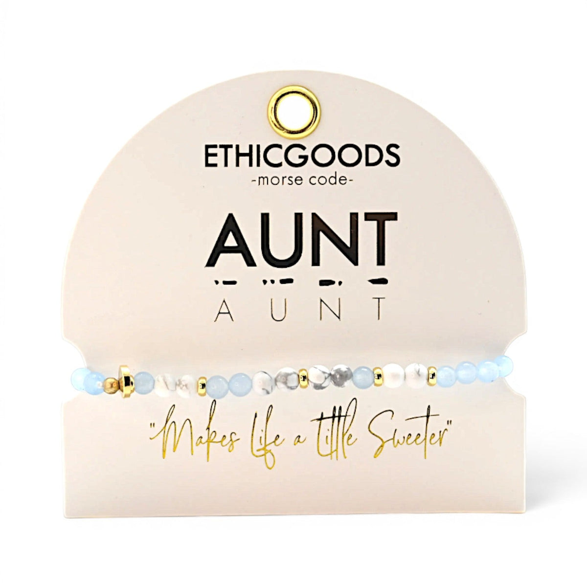 "Aunt" Morse Code Beaded Bracelet | Cloudy Blue & Howlite | Handmade Gift for Her - Spinsterly Co