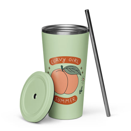 Summer Fun Insulated Tumbler with Straw 20 oz Stainless Steel Cup by Spinsterly Co in Mint with spill-resistant lid