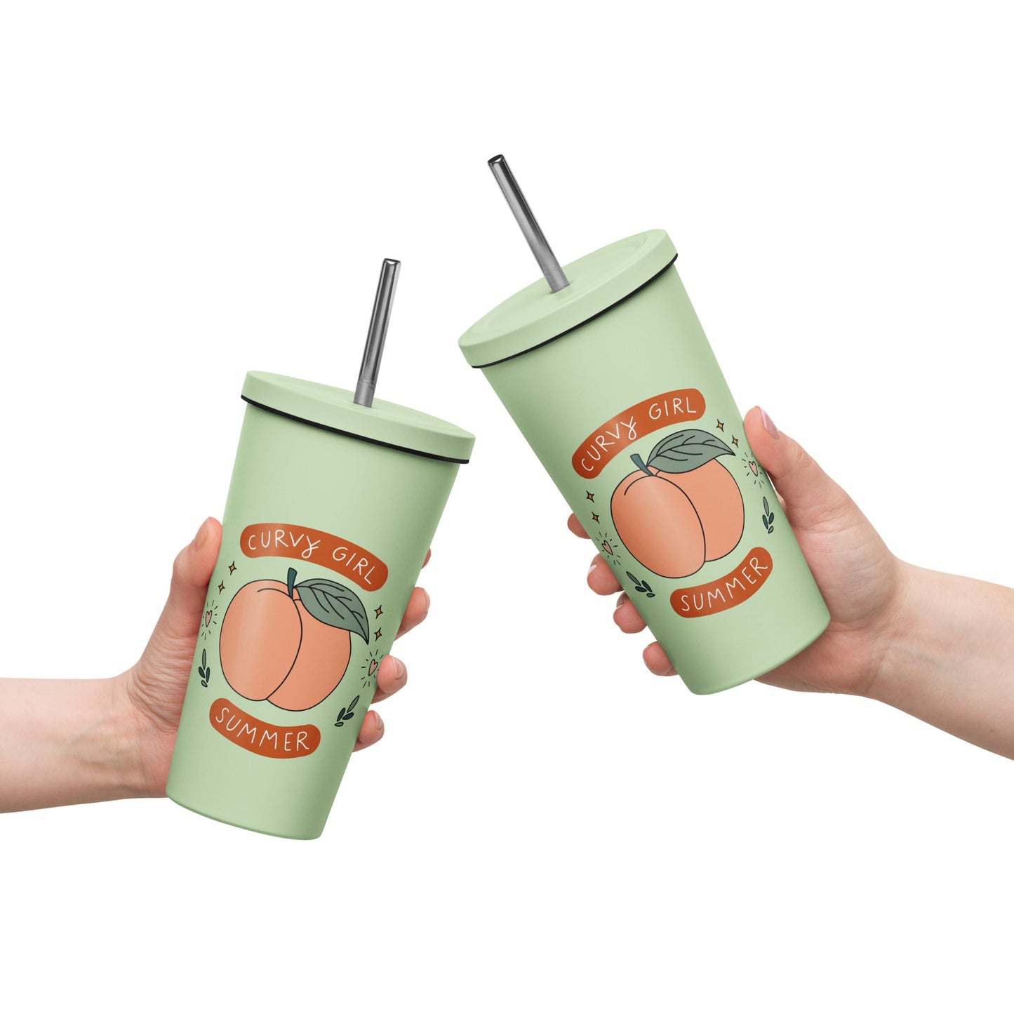 Summer Fun Insulated Tumbler with Straw 20 oz Stainless Steel Cup by Spinsterly Co in Mint with reusable straw