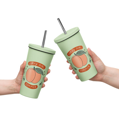 Summer Fun Insulated Tumbler with Straw 20 oz Stainless Steel Cup by Spinsterly Co in Mint with reusable straw