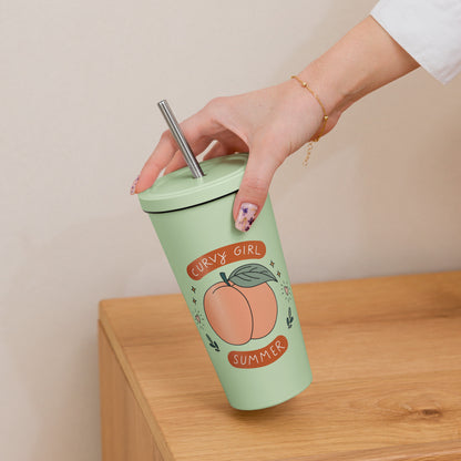 Summer Fun Insulated Tumbler with Straw 20 oz Stainless Steel Cup by Spinsterly Co in Mint with spill-resistant lid