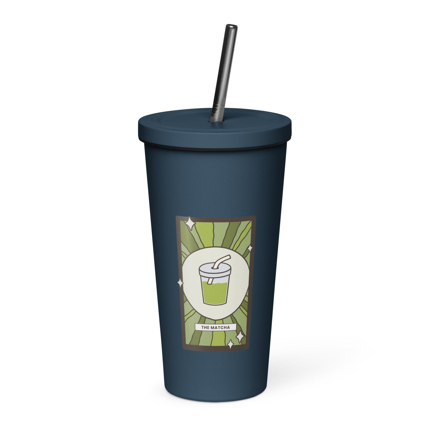 The Matcha Tarot Card Tumbler Spinsterly Co 20 oz insulated stainless steel tumbler in navy with straw