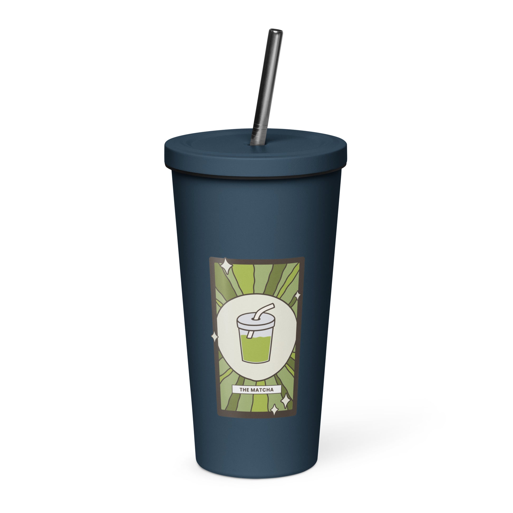 The Matcha Tarot Card Tumbler Spinsterly Co 20 oz insulated stainless steel tumbler in navy with straw