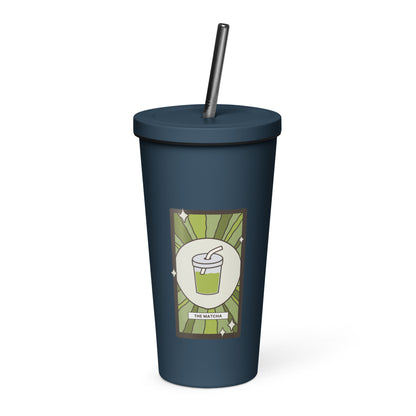 The Matcha Tarot Card Tumbler Spinsterly Co 20 oz insulated stainless steel tumbler in navy with straw