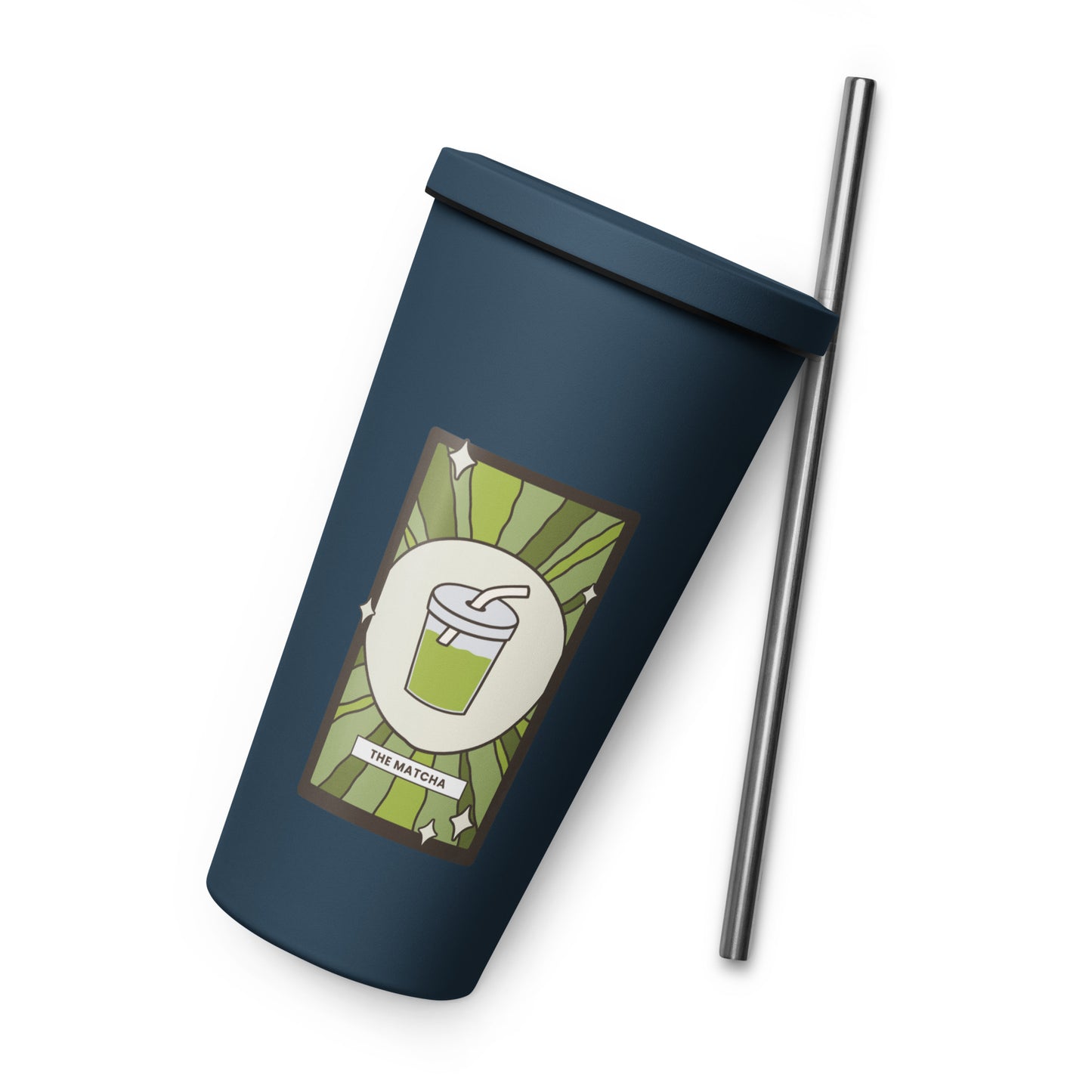 The Matcha Tarot Card Tumbler 20 oz Insulated Stainless Steel Tumbler with Straw by Spinsterly Co, navy with straw