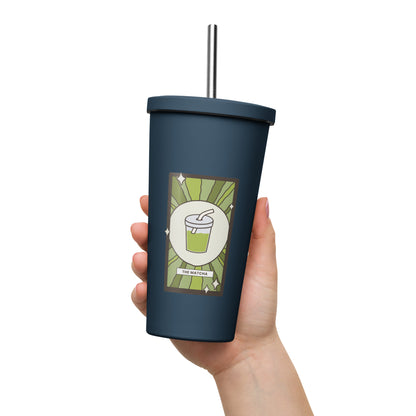 The Matcha Tarot Card Tumbler Spinsterly Co 20 oz insulated stainless steel tumbler in navy with straw