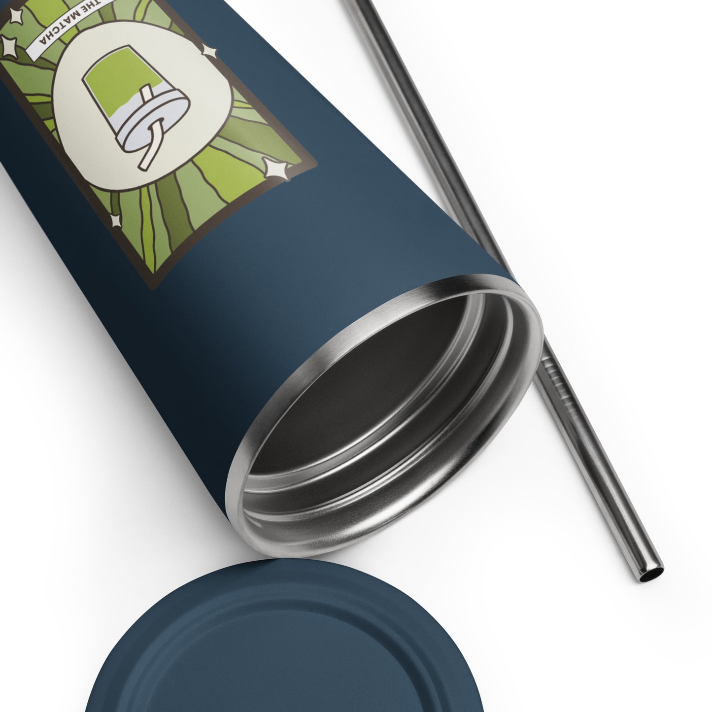 The Matcha Tarot Card Tumbler 20 oz insulated stainless steel tumbler with straw by Spinsterly Co, navy