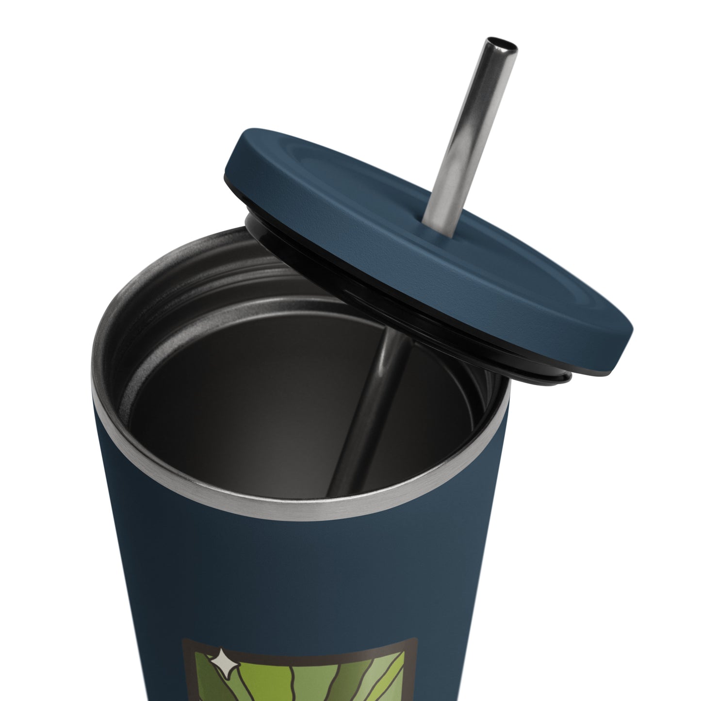 The Matcha Tarot Card Tumbler Spinsterly Co 20 oz insulated stainless steel tumbler in navy with straw