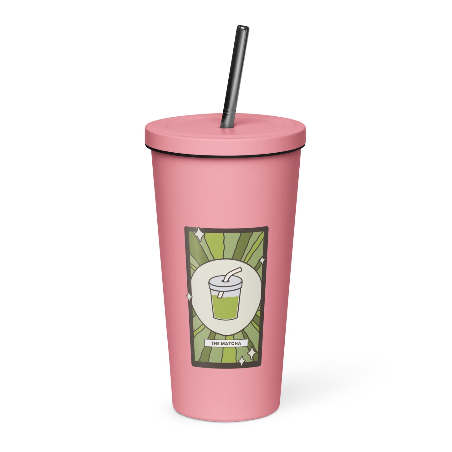 The Matcha Tarot Card Tumbler Spinsterly Co 20 oz insulated stainless steel tumbler in pink with straw