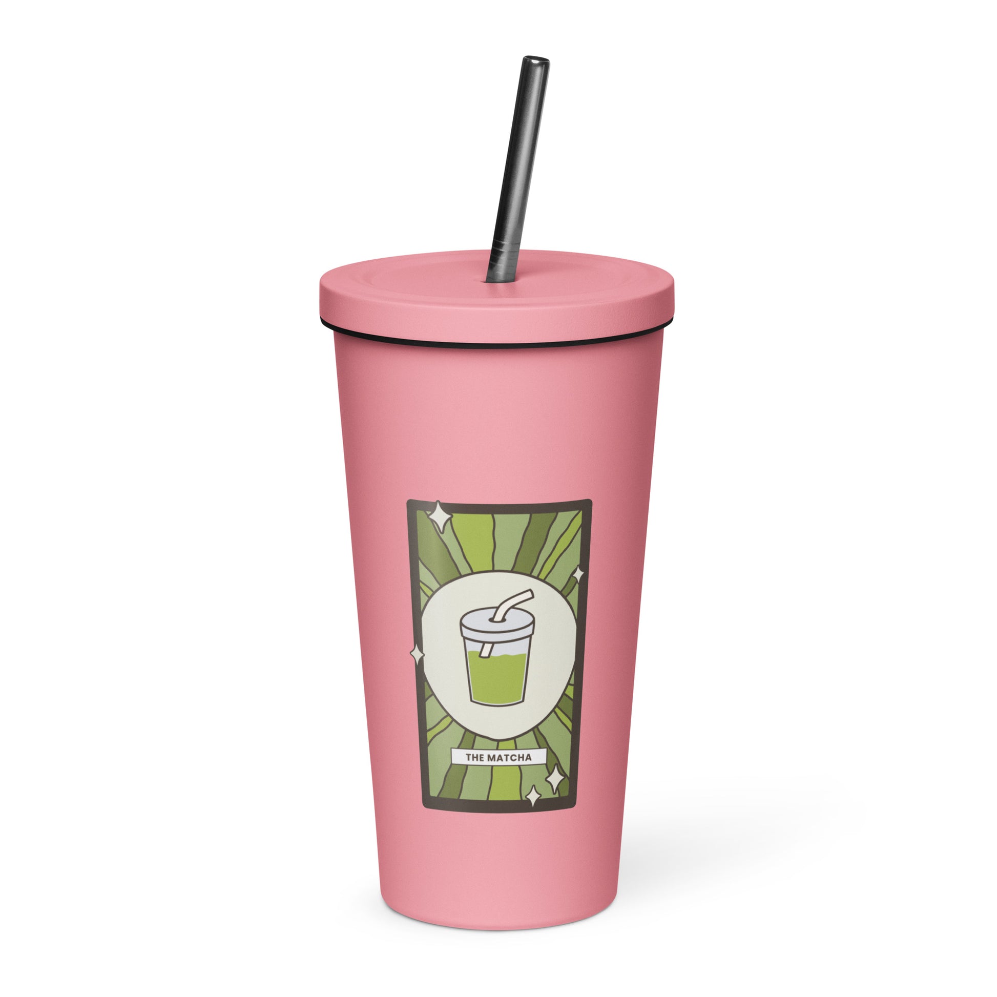 The Matcha Tarot Card Tumbler Spinsterly Co 20 oz insulated stainless steel tumbler in pink with straw