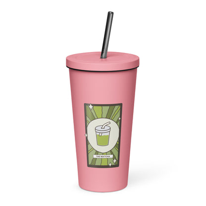 The Matcha Tarot Card Tumbler Spinsterly Co 20 oz insulated stainless steel tumbler in pink with straw