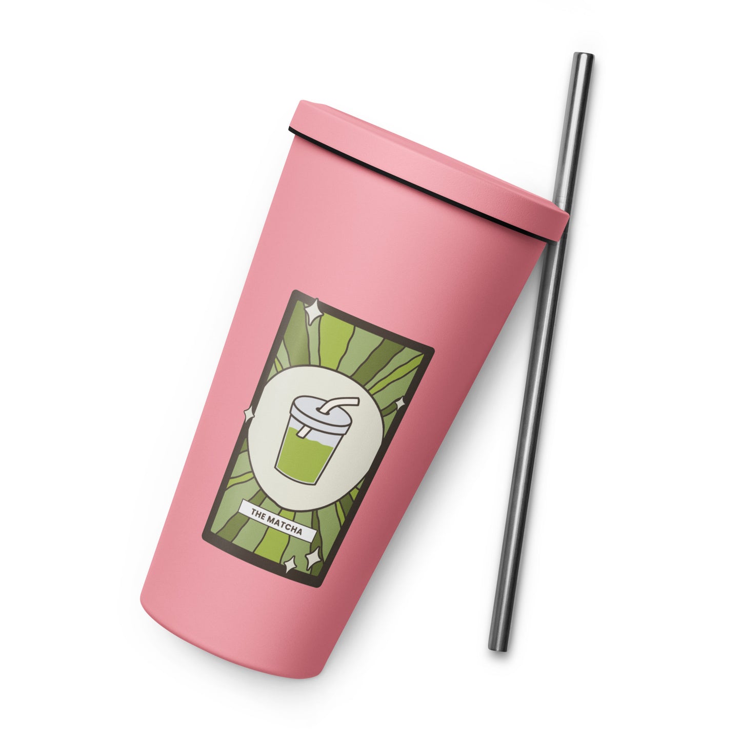 The Matcha Tarot Card Tumbler Spinsterly Co 20 oz insulated stainless steel tumbler in Pink with straw