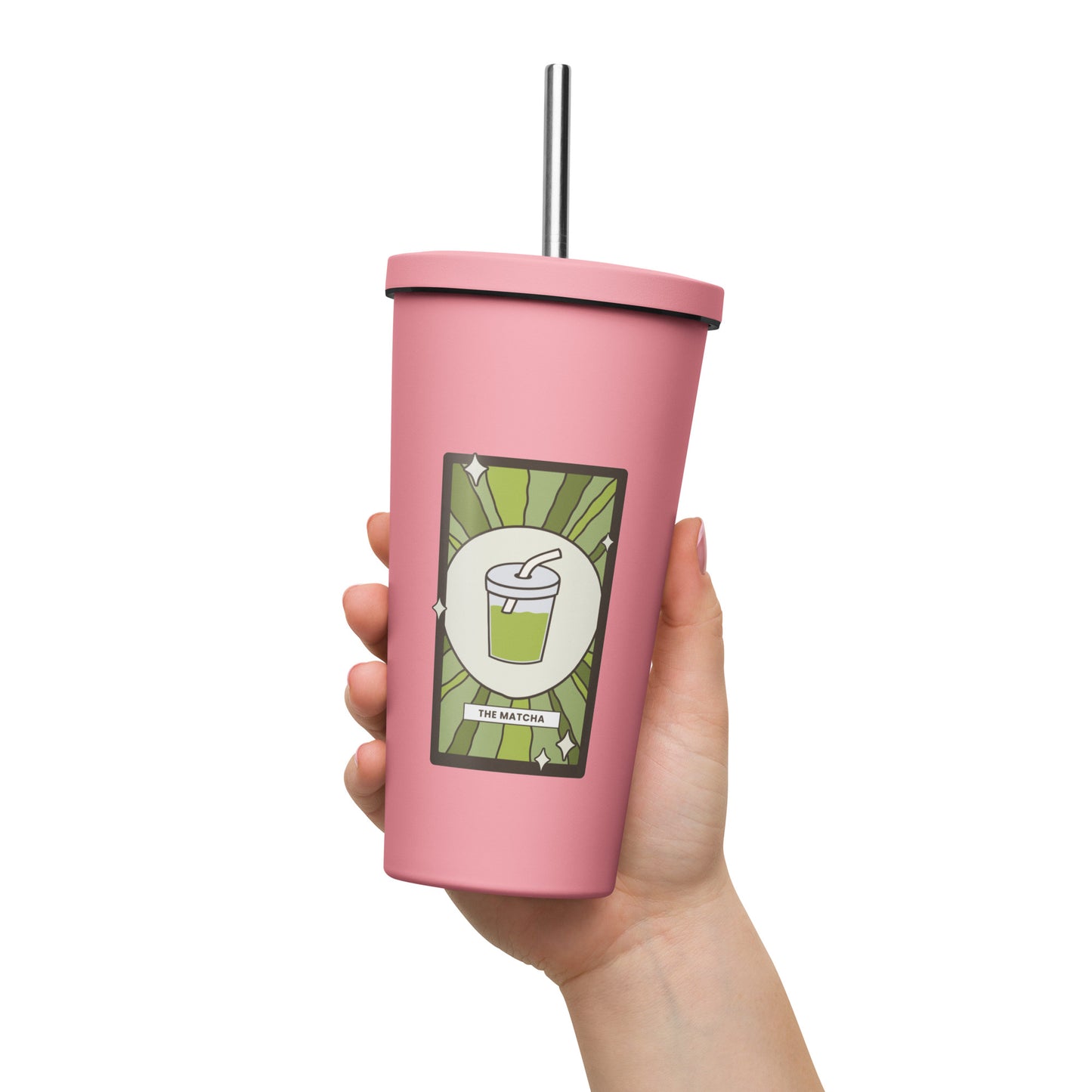 The Matcha Tarot Card Tumbler Spinsterly Co 20 oz insulated stainless steel tumbler pink with straw
