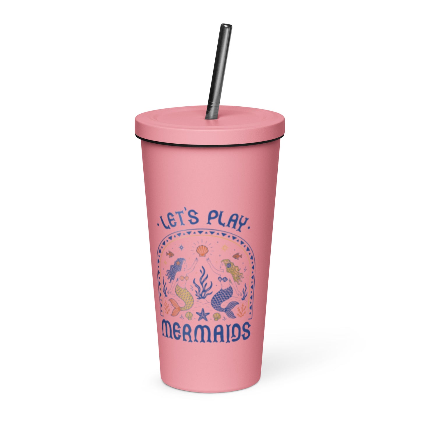 Let's Play Mermaids Insulated Tumbler 20 oz Mermaid Straw Cup by Spinsterly Co in pink with lid and straw