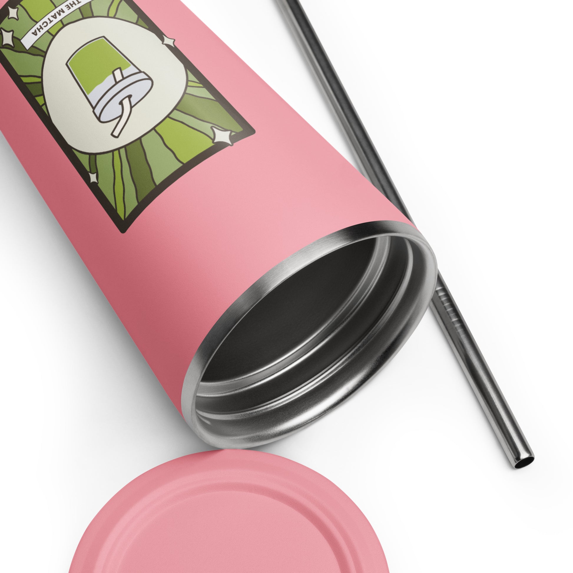 The Matcha Tarot Card Tumbler 20 oz Insulated Stainless Steel Tumbler with Straw by Spinsterly Co in Pink
